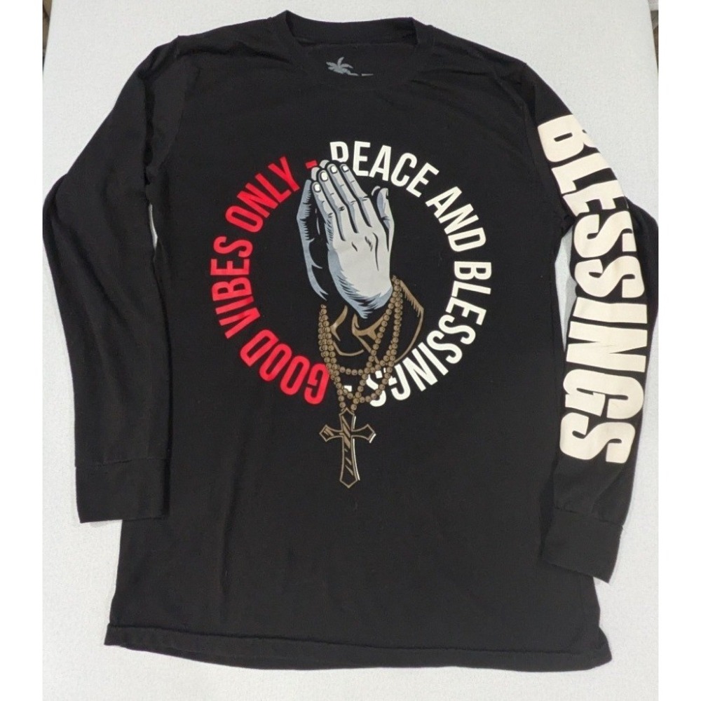 Vibes Long Sleeve Graphic T-Shirt Mens Medium Black Excellent Praying Hands Tee